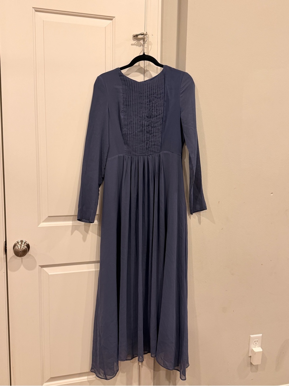 Slate Blue Long Sleeve Pleated Maxi Dress Chiffon